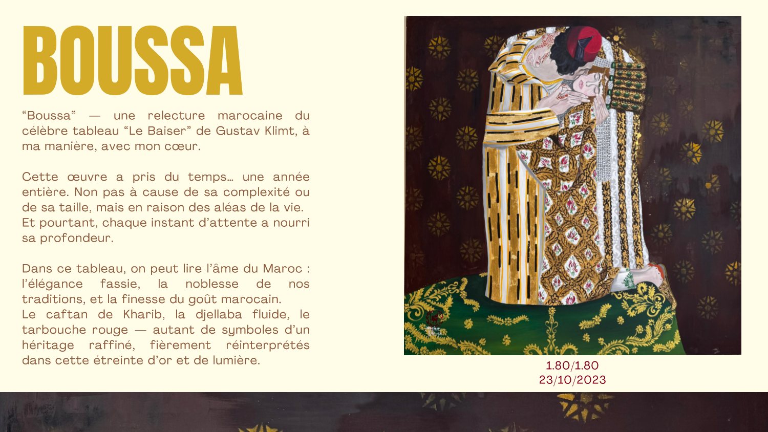 Boussa: Gustav Klimt The Kiss reinterpreted in gold Fassi Kharib caftan
